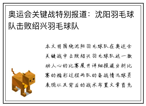 奥运会关键战特别报道：沈阳羽毛球队击败绍兴羽毛球队